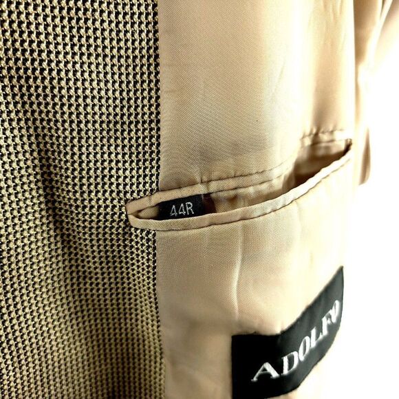 Adolfo Silk Wool 3 Button Sport Coat 44R Black Tan Nailshead Check - Picture 8 of 12